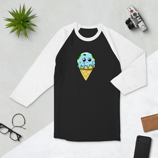 Global Meltdown Cartoon Earth Ice Cream 3/4 sleeve raglan shirt