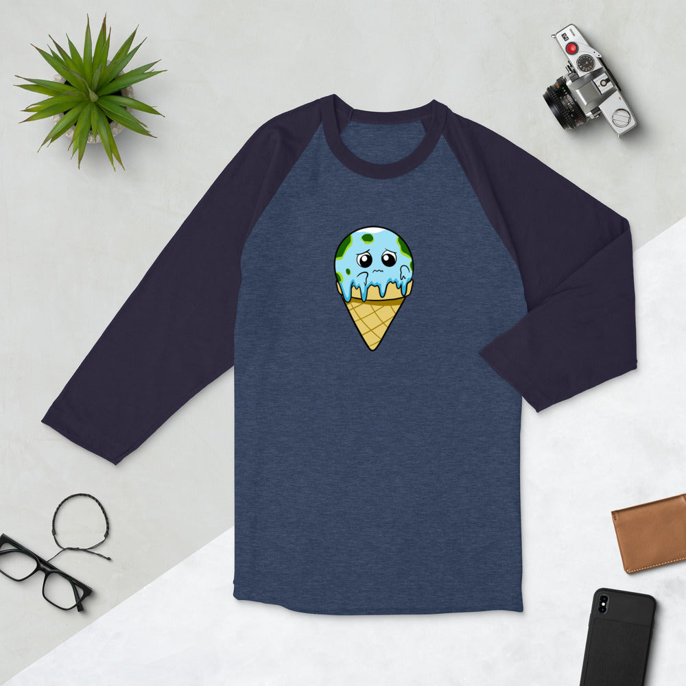 Global Meltdown Cartoon Earth Ice Cream 3/4 sleeve raglan shirt