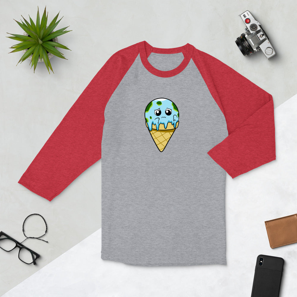 Global Meltdown Cartoon Earth Ice Cream 3/4 sleeve raglan shirt