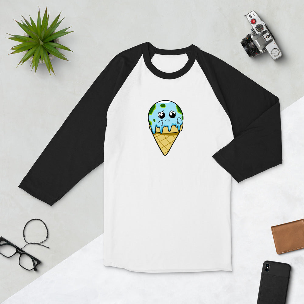 Global Meltdown Cartoon Earth Ice Cream 3/4 sleeve raglan shirt