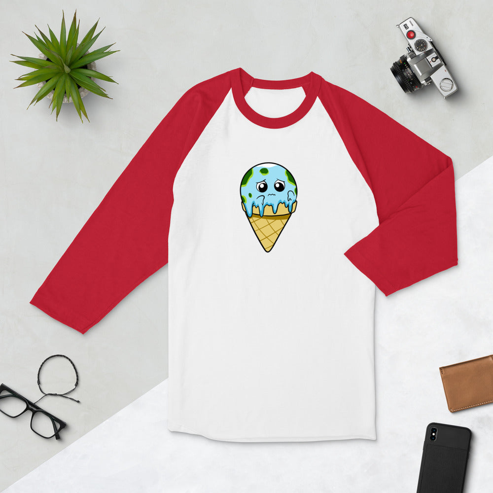 Global Meltdown Cartoon Earth Ice Cream 3/4 sleeve raglan shirt